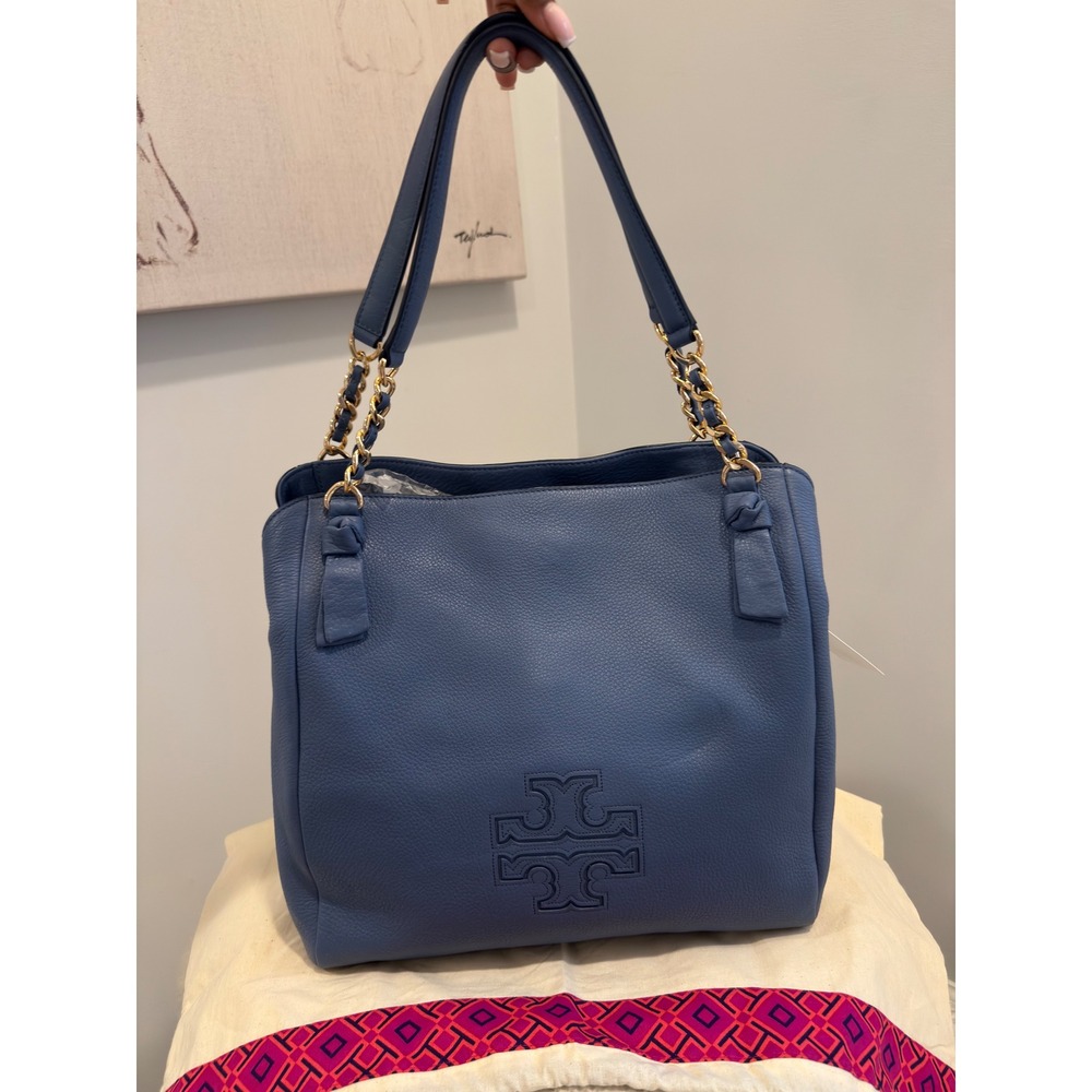 NWT Tory Burch Wallis Blue Leather Harper Center-Zip Tote Bag Dust Bag Included